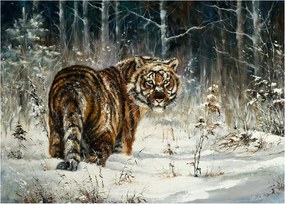 Kép - tigris a havas erdőben, olajfestmény (üvegen) (70x50 cm)