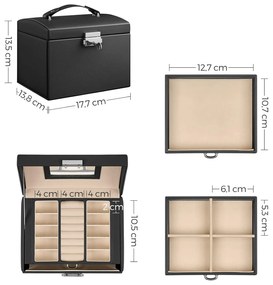 Ékszerdoboz, zárható ékszertartó 2 fiókkal, fekete