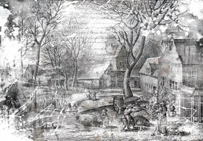 Fotótapéta rajz vázlat város falu Vintage flizelin Ragasztó 208 x 146