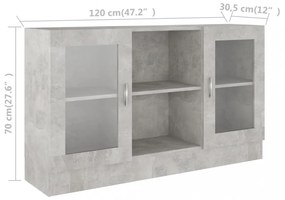betonszürke szerelt fa vitrinszekrény 120 x 30,5 x 70 cm