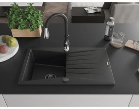 Mexen Cesar, 1 kamrás gránit mosogató 775x470x190 mm és Savita mosogató csaptelep, fekete, 6514-77-672601-70-B