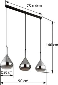 Globo 15542-3 Függeszték fém fekete matt, füstszínű üveg, fekete kábel, magassága lerövidíthető, HxSzxM: 900x200x1400mm, 3x E27 60W 230V izzók nélkül