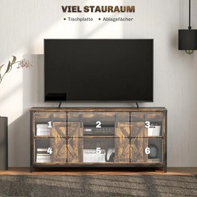 HOMCOM TV-szekrény, ipari formatervezés, 60"-os tévékhez, 6 rekesszel, 2 tolóajtóval, barna/fekete