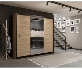 MIRO gardróbszekrény tükörrel 250x215 cm, craft tölgy/fekete