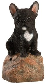 Kövön ülő ugató francia bulldog kiskutya polyresin szobor, fekete, kültéri és beltéri dekorációs kiegészítő