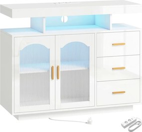 Komód LED világítással, beépített konnektorokkal, 3 fiókkal, fehér