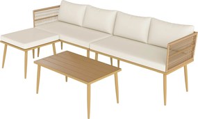 Outsunny 4 részes kültéri szintetikus rattan kertibútor szett – sarokkanapé, 2 db kétszemélyes kanapé, 1 lábtartó, 1 kávézóasztal természetes párnákka