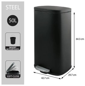 Matt fekete acél pedálos szemetes 50 l Akira – Spirella