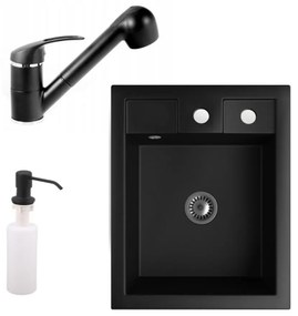 Gránit Mosogató NERO Parma + kihúzható zuhanyfejes Shower csaptelep + adagoló + szifon (matt fekete)
