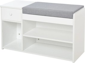 HOMCOM Cipőpad Párnával, Fiókkal és 3 Nyitott Térrel, Fából Készült Előszobai Bútor 81x31,5x49cm, Fehér | Aosom