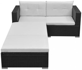 3-részes fekete polyrattan kerti bútorszett párnákkal