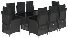 9 részes fekete polyrattan kerti étkezőgarnitúra párnákkal