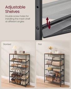 VASAGLE cipőtartó állvány, 6 szintes, 28x75x114 cm, barna-fekete