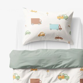 Goldea gyermek pamut ágyneműhuzat duo - az autók világa, zsálya színű hátoldal 140 x 200 és 70 x 90 cm