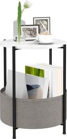HOMCOM Kerek Éjjeliszekrény Polccal és Szövet Kosárral, Acél Kávézóasztal Nappaliba vagy Hálószobába 44 x 44 x 56 cm Szürke+Fehér | Aosom