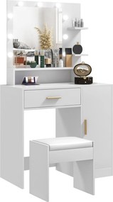 HOMCOM Sminkasztal Pouf-fal LED Tükörrel, Fiókokkal, Állítható Polccal, Nyitott Polcokkal, Fehér | Aosom