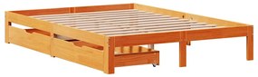 viaszbarna tömör fenyőfa ágykeret fiókokkal 120 x 200 cm