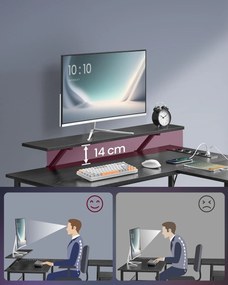 L alakú sarokíróasztal LED világítással, 4 konnektorral, 2 USB-porttal és monitorállvánnyal, 150 x 120 x 76 cm, fekete