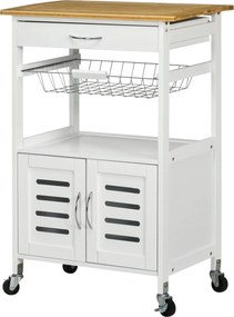 HOMCOM Konyhai Kocsi Kerekekkel, Többfunkciós Tároló Kocsi Bambusz Pulttal, Fém Kosárral és 2 Zsalukapussal 58x37x85.5 cm Fehér | Aosom