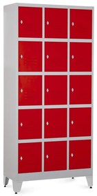 Fém szekrény - 15 doboz, 90 x 40 x 196,5 cm, helyreigazítással, lakathoz zár, piros - ral 3000