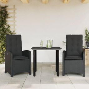 3 részes fekete polyrattan kerti étkezőgarnitúra párnákkal
