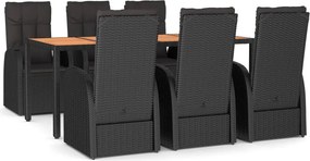vidaXL 7 részes fekete polyrattan kerti étkezőgarnitúra párnával
