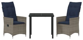 3 Részes Kerti Étkező Szett Párnákkal Szürke Poli Rattan, Kerti Asztal Fekete 80x80x73 cm Edzett Üveggel