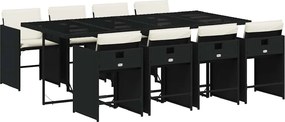 vidaXL 9 részes fekete polyrattan kerti étkezőgarnitúra párnákkal