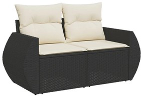 9 darabos kertibútor szett párnákkal fekete poly rattan akácia, 3 darabos kertivacsora szett párnákkal fekete poly rattan akácia