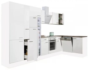 Yorki 370 sarok konyhablokk fehér korpusz,selyemfényű fehér front alsó sütős elemmel polcos szekrénnyel, felülfagyasztós hűtős szekrénnyel