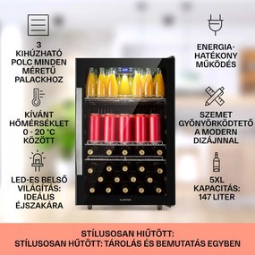 Klarstein Beersafe 5XL, hűtőszekrény, 147 liter, 3 polc, panoráma üvegajtó, rozsdamentes acél