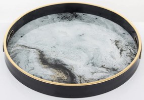 Tulum design kerek fekete műanyag tálca arany szegélyes márványhatású mintával 4x36x36cm