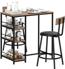 HOMCOM Bárasztal Bárszékkel, 2 Személyes Bárasztal Szett 2 Párnázott Bárszékkel, Hátpárral, Konyhai Asztal 3 Polccal, Modern Stílusú, Reggeli Pult Étk