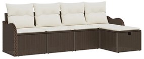 5 darabos kerti sofa garnitúra párnákkal, barna poli rattan, 2 fős kerti sofa tárolóval és párnákkal, barna poli rattan