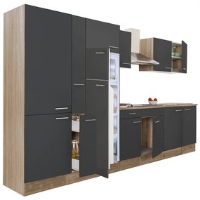Yorki 360 konyhabútor sonoma tölgy korpusz,selyemfényű antracit fronttal polcos szekrénnyel és felülfagyasztós hűtős szekrénnyel