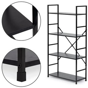 Fekete 4 szintes nyitott könyvespolc, tároló állvány fém lábakkal - 59x112cm Intenso