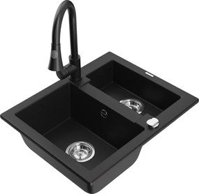 Mexen Carlos gránit mosogató 1,5 rekeszes, Elia konyhai csappal, fekete - 6518-77-670101-70