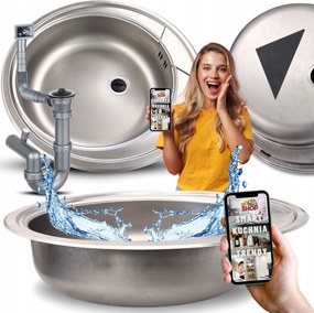 Acél Mosogató Kerek Egymedencés Mosogató 49cm Süllyesztett Pult Szifon