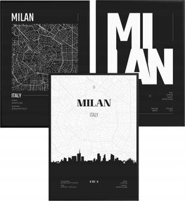 Poszter szett Milánó Térkép Város Panoráma Fekete-fehér Modern 60x80