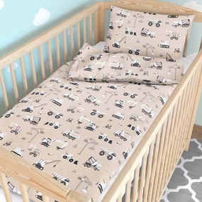 Goldea gyerek pamut ágyneműhuzat kiságyba - teherautók és markolók bézs alapon 110 x 125 és 35 x 55 cm