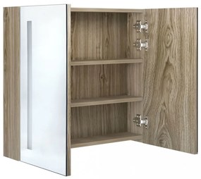 tölgyszínű LED-es tükrös fürdőszobaszekrény 62 x 14 x 60 cm