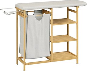HOMCOM 57.4 L-es Textil Mosókosár Vasalódeszkával és Vasaló Támasszal, 3-Szintes Polccal, Kihúzható és Levehető Táskával, Fürdőszobába, Bambusz, Termé