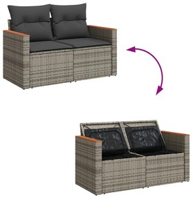 8 részes kerti kanapé szett párnákkal, szürke poli rattan akáccal, 3 részes kerti étkező szett párnákkal, szürke poli rattan akáccal