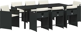 vidaXL Kert étkező szett párnával 9 pcs Fekete polirattan