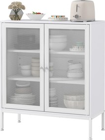 HOMCOM 3-Szintes Konyhai Konyhaszekrény Fém Rácsos Ajtókkal és Állítható Polccal Modern Konyhai Buffe Nappaliba és Étkezőbe 80x37x92 cm Fehér | Aosom