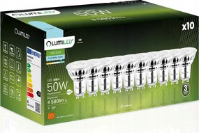 10x Led izzó GU10 6W 50W 580lm 6500K Hideg 38° Üveg Lumiled