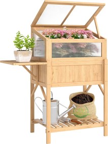 Outsunny emelt virágágyás hidegfedéllel — emelt fenyőláda összecsukható oldalpulttal és tárolópolccal, 104 x 50 x 120 cm — natúr | Aosom