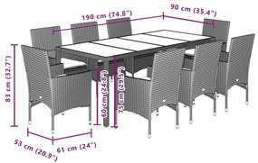 9 részes fehér polyrattan/üveg kerti étkezőgarnitúra párnákkal