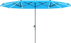 Outsunny Kétszárnyú Napernyő Napelemes LED Fényekkel 451x267 cm Alumínium UV 50+ Napernyő Kézi Karamellákkal Üvegszálas Rúdakkal, Erkély Napernyő Szél