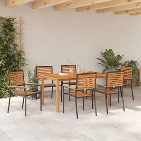 7 részes kert étkező szett fekete polyrattan akáciával, Stackelhető kerti székek párnákkal 2 db fekete polyrattan